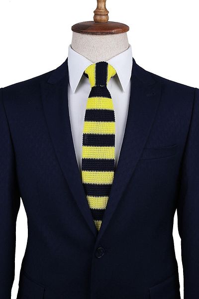 Kravatkolik Yellow - Navy Blue Striped Knitted Tie Ör8297