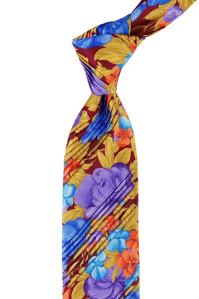 Kravatkolik Multicolored Flower Pattern Pleated Silk Tie Est139