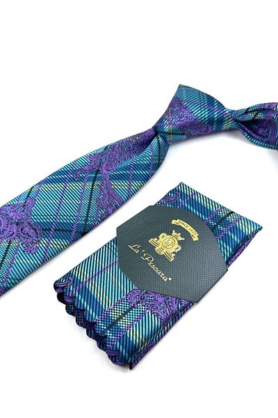 Kravatkolik Turquoise Plaid Shawl Pattern Classic Necktie with Handkerchief Kk11251