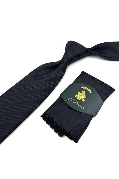 Kravatkolik Classic Necktie with Black Line Pattern Handkerchief KK12314