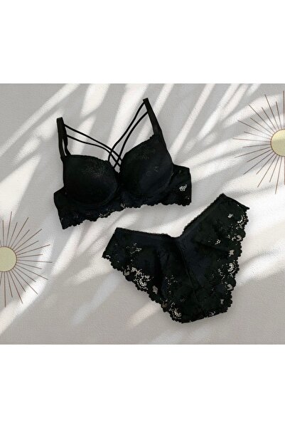 ZeeJoy Set de lenjerie de corp pentru femei, cu dantelă brodata, neagră, căpt...