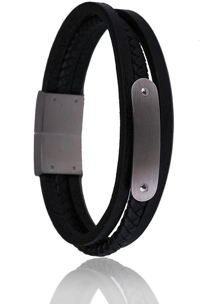Kravatkolik Black Leather Steel Men's Bracelet Blk1554