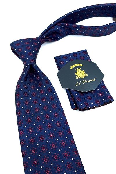 Kravatkolik Navy Blue Motif Pattern Classic Tie with Handkerchief Kk10941