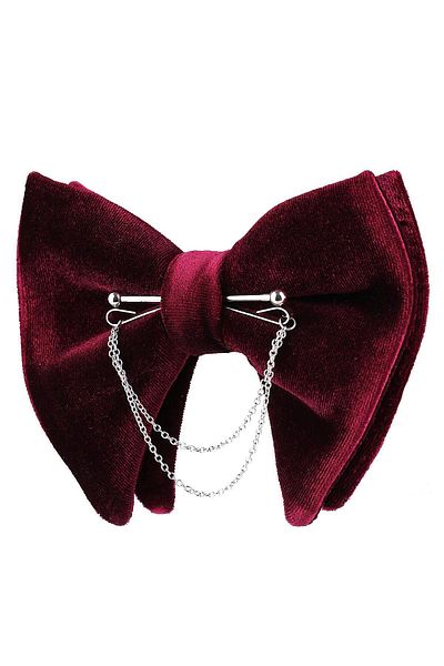 Kravatkolik Claret Red Velvet Large Bow Tie with Silver Color Chain P1408