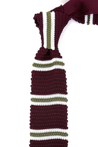 Kravatkolik Claret Red - Green Striped Knitted Tie Knitted 8376
