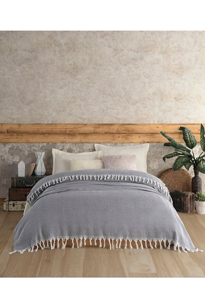 MCN Tekstil 200x230 Cm Cotton Tasseled Double Bedspread - Pique 'Zickzack'