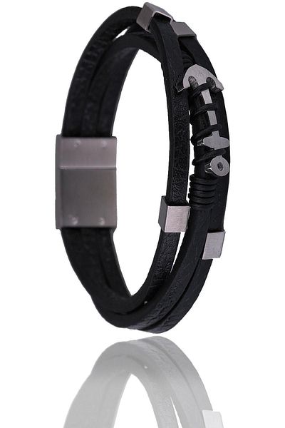 Kravatkolik Black Leather Steel Men's Bracelet Blk1508