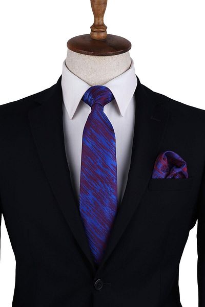 Kravatkolik Parliament Blue Motif Patterned Men's Tie - with Handkerchief, Classic Kk10526