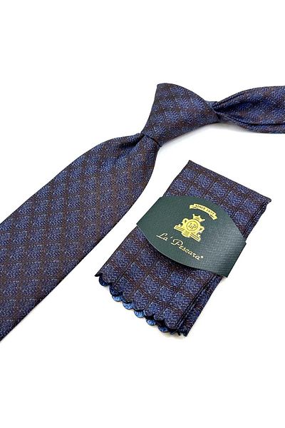 Kravatkolik Brown - Blue Square Pattern Classic Tie with Handkerchief KK12487