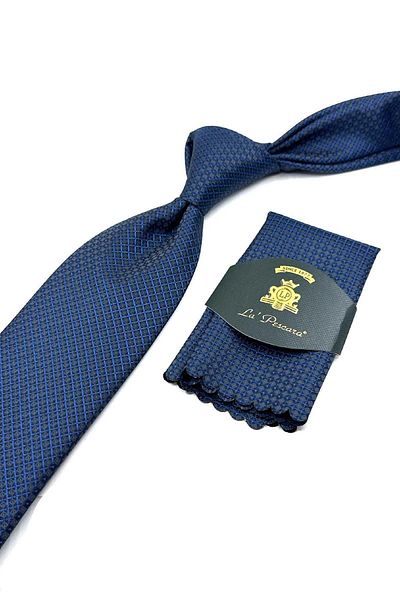 Kravatkolik Patterned Navy Blue Classic Tie with Handkerchief - KK12630