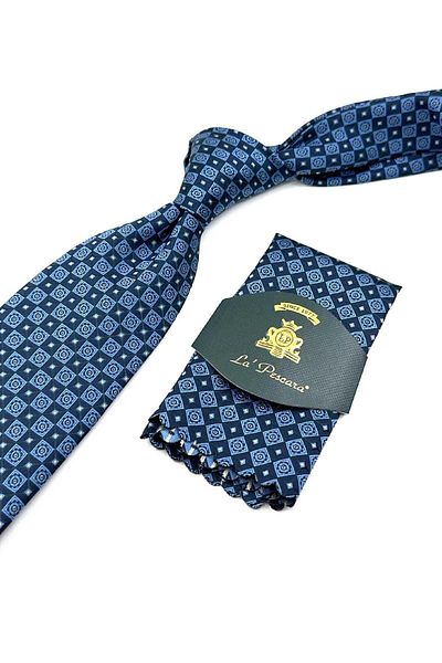 Kravatkolik Patterned Navy Blue Classic Tie with Handkerchief - KK12606