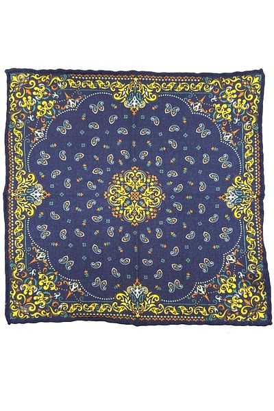 Kravatkolik Navy Blue - Yellow Hand Stitched Italian Wool Pocket Handkerchief WL03