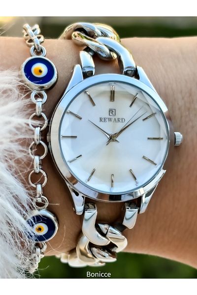 Reward Brand Steel Band Waterproof Silver Color Women's Wristwatch+bracelet