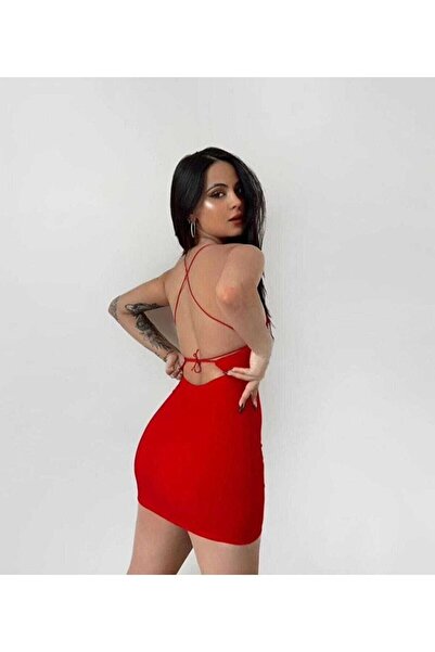 sozan Kadın Kırmızı Ip Askılı Sırt Dekolteli Mini Elbise