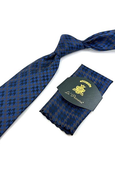 Kravatkolik Navy Blue Motif Pattern Classic Necktie with Handkerchief KK12033
