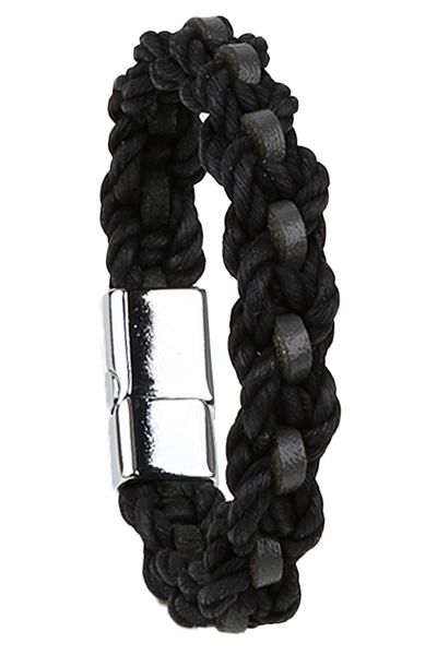 Kravatkolik Men's Black Leather Steel Bracelet BLK1447