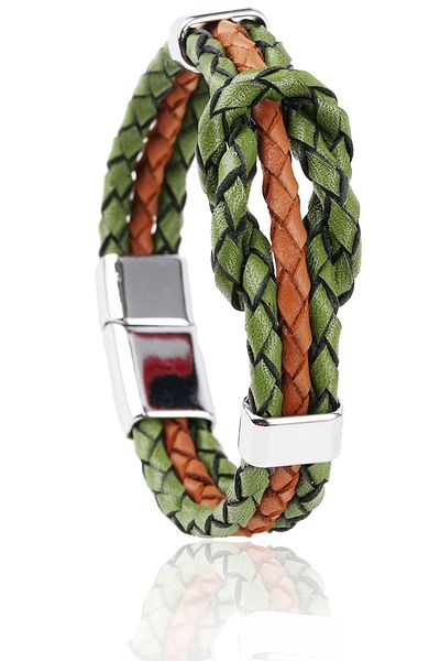 Kravatkolik Men's Green - Brown Leather Steel Bracelet BLK1429