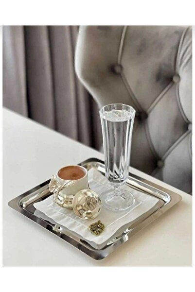 Abant Marka 4 Lü Lüx Kare Paslanmaz Çelik Gümüş Renk 21x21cm Kahve Servis Sunum Tepsisi