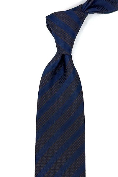 Kravatkolik Navy Blue Striped Brown Classic Tie - Handkerchief Design KK12316