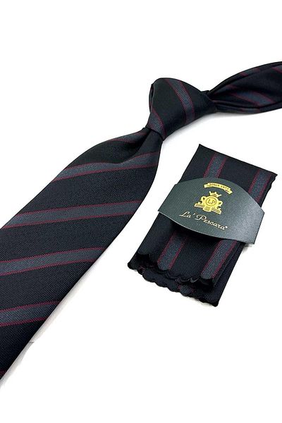 Kravatkolik Black Striped Tie with Handkerchief - KK12671