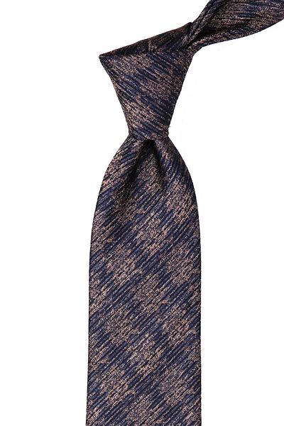 Kravatkolik Navy Blue - Brown Motif Pattern Classic Tie with Handkerchief Kk10371