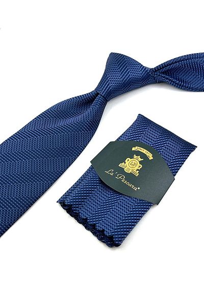 Kravatkolik Classic Tie with Blue Line Pattern Handkerchief KK12060