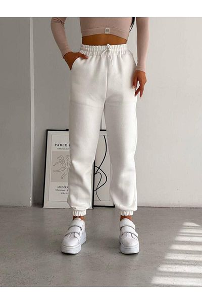 NO 601 Λευκό ψηλόμεσο φλις Jogger Sweatpants - 3 κλωστές