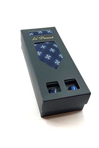 La Pescara Синій краватка з хусткою Синій запонка Подарунковий набір OS513