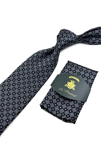 Kravatkolik Motif Patterned Black Handkerchief Tie - KK12604