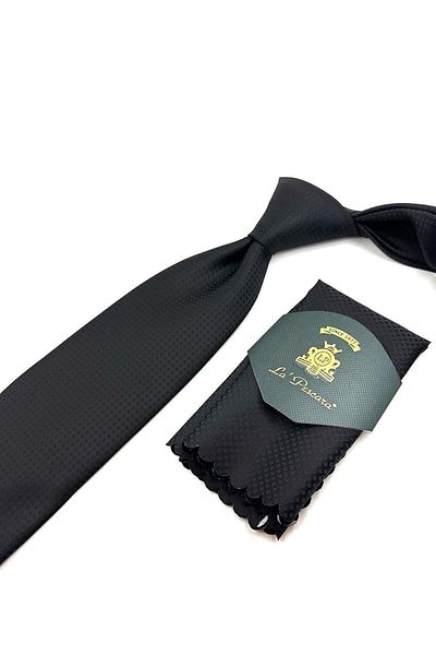 Kravatkolik Classic Tie with Black Dot Pattern Handkerchief Kk11054