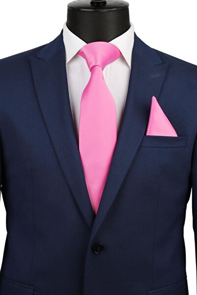 Kravatkolik Επίπεδη σατέν γραβάτα με ροζ μαντήλια Kk1138