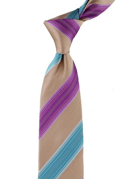Kravatkolik Men's Beige Line Pattern Italian Silk Tie Ik878