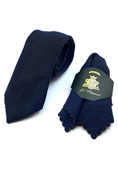 Kravatkolik Κλασική μάλλινη γραβάτα με μπλε ναυτικό μαντήλι Kk10883