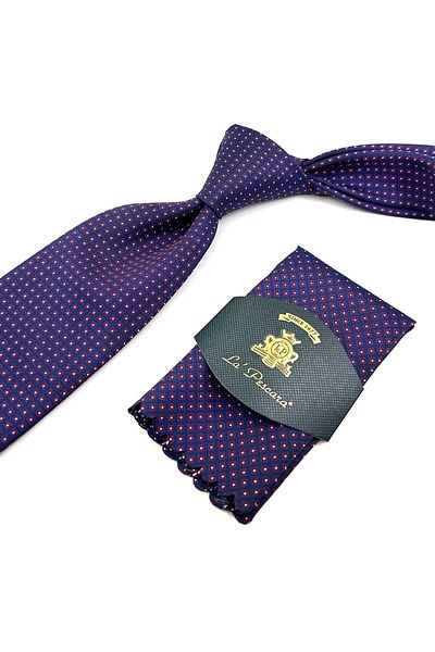 Kravatkolik Claret Red - Navy Blue Small Pattern Classic Tie with Handkerchief KK12383