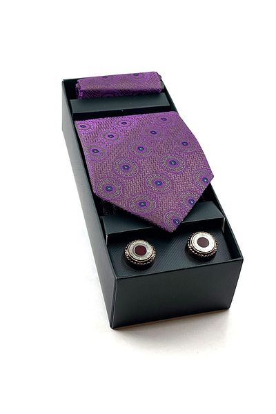 Kravatkolik Purple Handkerchief Tie Bronze Cufflinks Gift Set OS497