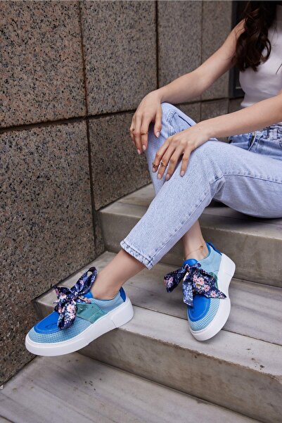 FOLLİNİ Kadın Mavi Hakiki Deri Kurdele Detaylı Sneaker