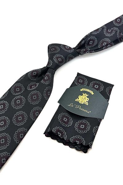 Kravatkolik Black Motif Pattern Classic Tie with Handkerchief KK12242