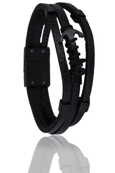 Kravatkolik Black Leather Steel Men's Bracelet Blk1504