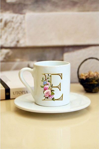 Kumbara Hediyelik White Turkish Coffee Cup with Patterned Letter E Printed