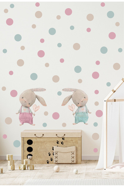 Ayza Tasarım مجموعة ملصقات لغرفة الأطفال على شكل أرانب على شكل قلب - وردي وأز...