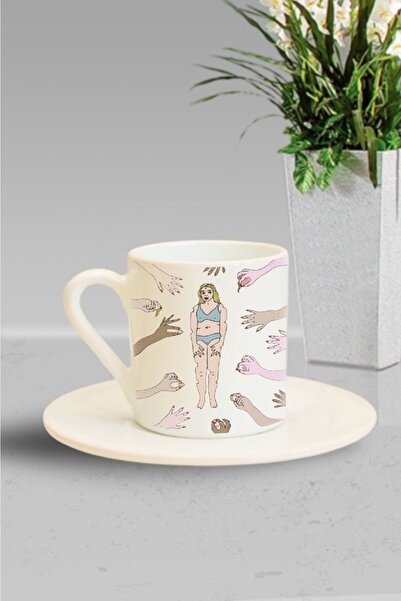 Hediyexpres كوب قهوة تركي مطبوع بتصميم الأيدي والنساء