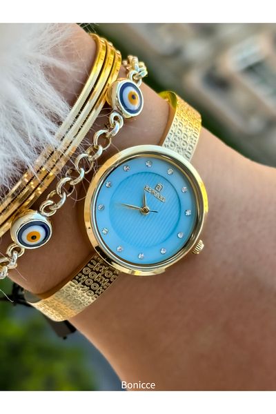 Reward Steel Strap, Yellow Color, Stoned Dial, Special Lock System, Women's Wristwatch +