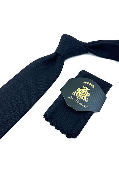 Kravatkolik Black Classic Wool Tie with Self Pattern Handkerchief KK12134