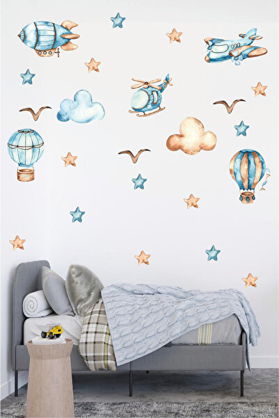 Ayza Tasarım Set de autocolante de perete cu tematică avion elicopter, nor, s...