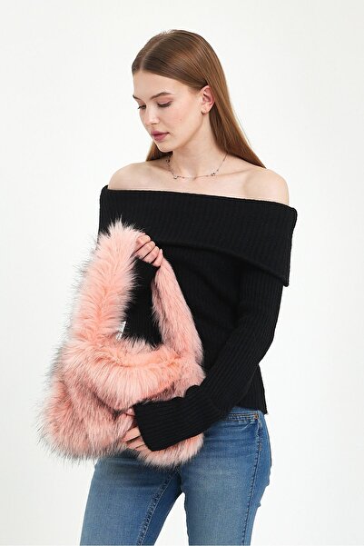 Fluffy Turkey Pink Angel Baget Çanta / Pembe Suni Kürk Kadın Omuz Çantası (BO...