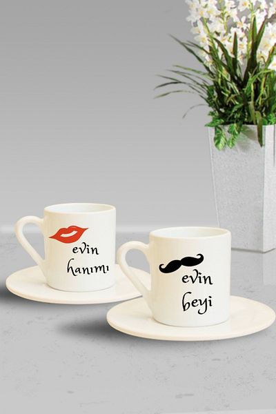 Hediyexpres Set of 2 Turkish Coffee Cups with Home Lady-Bey Design