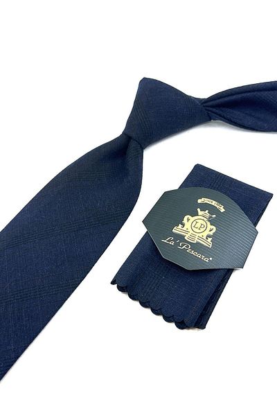 Kravatkolik Navy Blue Plaid Pattern Classic Wool Tie with Handkerchief KK12135