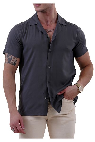 Exve Exclusive Khaki Military Green Natural Viscose Breathable Hawaiian Relaxed Cut Short Sleeve Summer Shirt