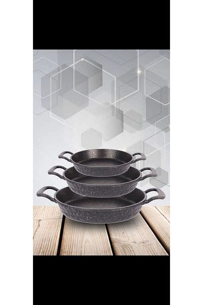 BİMOTE Set of 3 Cast Iron Granite Pans