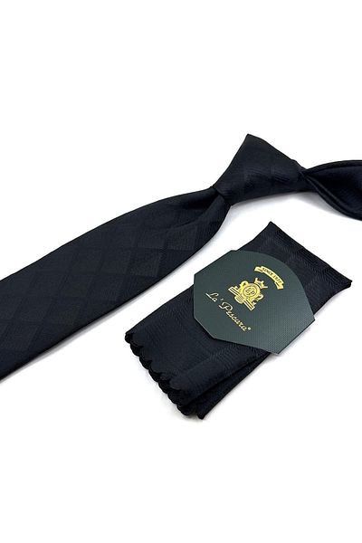 Kravatkolik Black Square Pattern Classic Tie with Handkerchief Kk11346